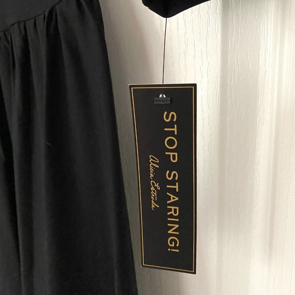 NWT Stop Staring Black 1950's Retro Cocktail Dress 3/4 Sleeve Pleated Full Skirt - Picture 6 of 13